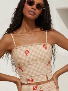 NWT stretch Anthropologie Beige Gingham Crop Top with Red Anchor Motif
